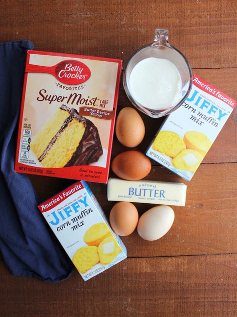 Easy Cornbread With Cake Mix 2 Cakey Cornbread Recipe, Sweet Cornbread Cake Mix Recipe, Sweet Cakey Cornbread, Cornbread Using Yellow Cake, Cakelike Cornbread Recipe, Jiffy Cake Cornbread, Cornbread Cakes Jiffy, Cake Mix Cornbread Muffins, Jiffy Cornbread With Yellow Cake