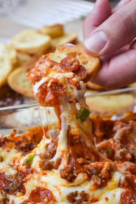 Hot Pizza Dip • Dance Around the Kitchen Dip Dance, Hot Pizza Dip, Toasted Baguette Slices, Dance Around The Kitchen, Pizza Dip Recipes, Baguette Slices, Hot Pizza, Toasted Baguette, Pizza Dip