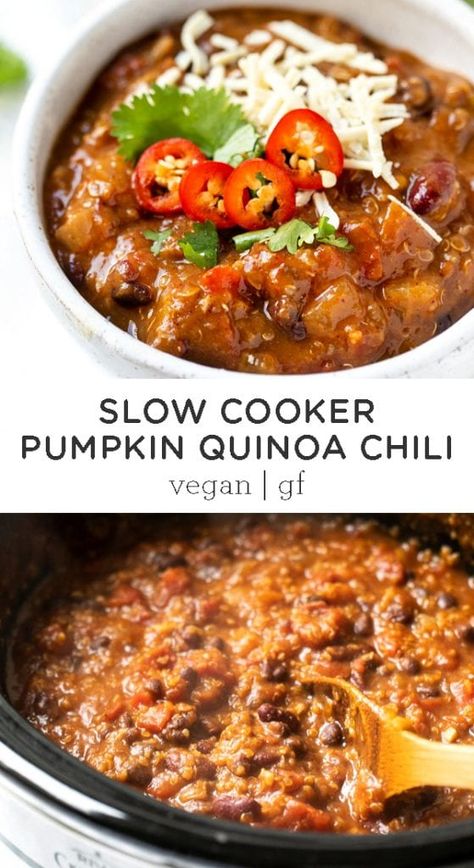 Chili Quinoa, Slow Cooker Quinoa, Vegetarian Chili Easy, Vegan Crockpot Recipes, Pumpkin Quinoa, Vegan Crockpot, Quinoa Chili, Vegetarian Chili Recipe, Vegan Slow Cooker