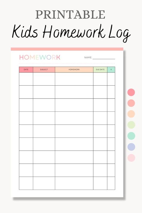 This printable kids homework log is a great way for your child to keep track of and plan their homework from school or homeschool. This template acts as a visual reminder to keep kids on track with their responsibilities. Build fun and healthy homework habits with this fun and colorful template! Print and write with US Letter (8.5x11 inch) or fill on your digital tablet with A4 (210 x 297 mm). Homework Log Template Free Printable, Homework Checklist Printable Free, Homework Reminder, Social Pedagogy, Homework List, Homework Quotes, Homework Organizer, Homework Planner Printable, Homework Checklist