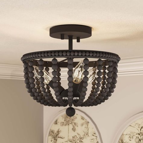 Cauhu 3-light Farmhouse Coastal Wood Beaded Semi Flush Mount Ceiling Lights -UL - Bed Bath & Beyond - 35553706 Semi-flush Mount Lights, Laundry Room Lighting, Farmhouse Coastal, Low Ceilings, Mount Ceiling Lights, Wagon Wheel Chandelier, Flush Mount Lights, Wood Chandelier, Semi Flush Mount Lighting