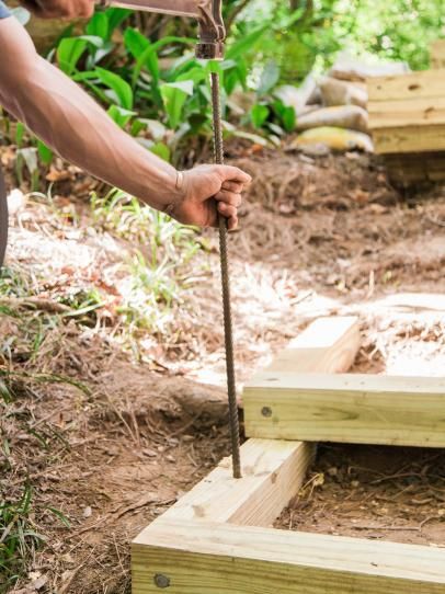 How to Build Outdoor Wood Steps | HGTV Landscape Stairs, Landscape Steps, Patio Steps, Gravel Patio, Sloped Backyard, Garden Stairs, Exterior Stairs, Wood Steps, Outdoor Steps