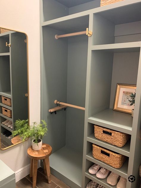 Custom Built In Wardrobe Ideas, Narrow Built In Closet, Simple Closet Built Ins, Small Built In Closet Organization, Custom Closets Walk In Small, Mudroom Walk In Closet Ideas, Wall In Closet Small, Diy Walk In Closet Small, Wall Closet Small Bedroom