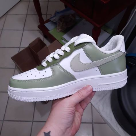 Custom Nike Air Force 1 Sage Green, Olive Air Force 1s Shoes, Avocado, Sage, Air Force 1 Sneakers. Hand-painted with Angelus Leather Acrylic Paint. 1s Shoes, Custom Nike Air Force 1, Custom Nike Air Force, Air Force 1s, Custom Nike, Bone Color, Leather Paint, Green Olive, Custom Nikes