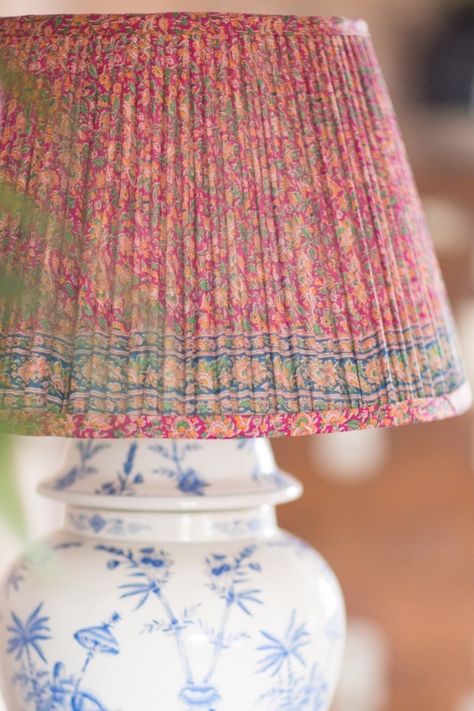 Vintage silk sari's from India made fabulous lampshades - see my guide to the best lampshades Colorful Lampshades, Blue And White Lamp, Patterned Lampshades, Chinese Lamp, Pleated Lamp Shades, Robert Kime, Blue And White Chinoiserie, Lampshade Designs, Gourd Lamp