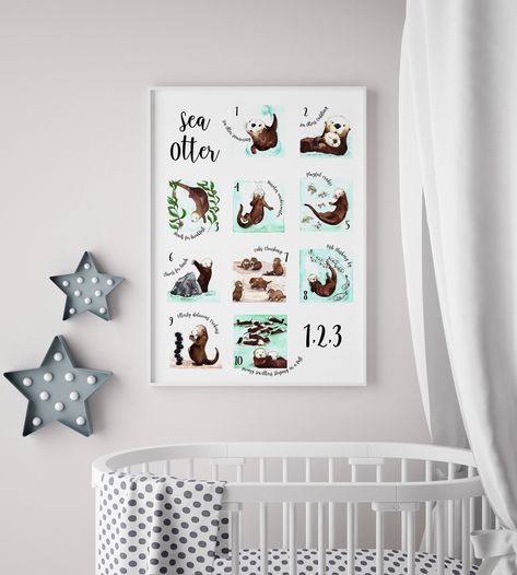 Sea Otter Nursery Theme, Otter Themed Nursery, Otter Nursery, Penguin Nursery, Gallery Wall Design, Ocean Themed Nursery, Nature Enthusiast, Sea Otters, Baby Otters