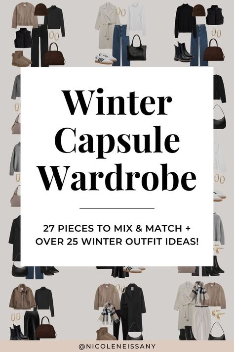 Winter capsule wardrobe and casual chic winter outfits for women Casual Chic Winter Outfits, Winter Capsule Wardrobe Travel, Winter Outfits Plus, Women's Winter Outfit, Casual Winter Outfits For Women, Winter Essentials Clothes, Casual Chic Winter, Capsule Wardrobe Outfit Ideas, Chic Winter Outfit