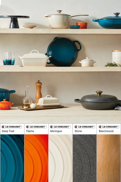 Looking for Le Creuset color combinations and kitchen color ideas? Here are some color pairing ideas and suggestions for how to store Le Creuset on your kitchen shelves! Le Creuset Color Pairing, Le Creuset Color Palette, Le Creuset Colors Combinations, Flame Le Creuset Kitchen, Small Kitchen Decoration Ideas, Modern Kitchen Layout, Le Creuset Kitchen, Le Creuset Lapis, Kitchen Decoration Ideas