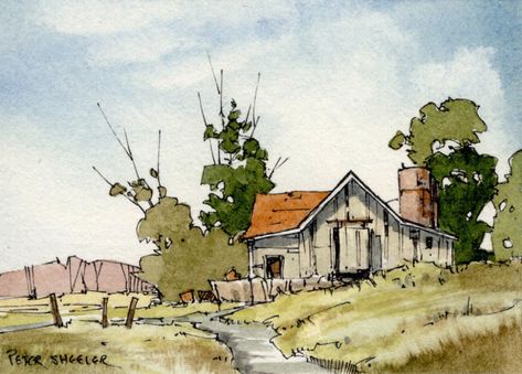 Line And Wash Watercolor Sketches, Line And Wash Watercolor, Peter Sheeler, Line And Wash, Watercolor Barns, Watercolor Farm, Watercolor Scenery, Watercolor Art Landscape, Pen And Wash