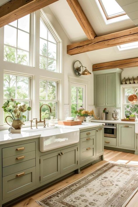 Green Cabinets With Bronze Hardware, Dream Kitchen Green, Cabin Painted Cabinets, Organic Modern Green Kitchen, Modern Farmhouse Cottage Interior Design, Sage Green Country Kitchen, Sage And Gold Kitchen, Sage And Wood Kitchen, Kitchen Colors Schemes White Cabinets