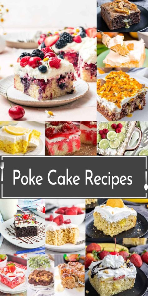 Who doesn't love a great poke cake recipe? Home. Made. Interest. shares a list of poke cake recipes that you can make for any occasion! Find cakes for Christmas, birthdays, Thanksgiving, and other holidays! Sticky Cake Recipe, Holiday Poke Cake Recipes, Thanksgiving Poke Cake Recipes, Fall Poke Cake, Poke Cake Recipes Pudding, Cranberry Poke Cake, Thanksgiving Poke Cake, Polk Cake, Best Poke Cake Recipes