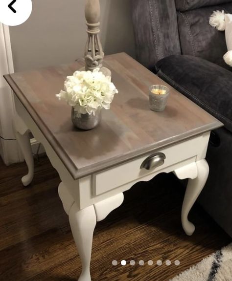 Two Toned End Tables, Repurposed Table Top, Queen Anne End Table Makeover, Natural Wood And Painted Furniture, Refinished Side Table, Refurbished End Tables Diy Ideas, Coffee Table Refinishing Ideas, Refinished Side Tables, Wood Side Table Makeover