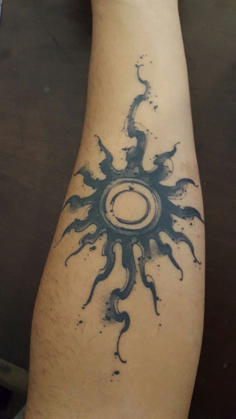 Sun Tattoo Arm Half Sleeves, Edgy Sun Tattoo, Sun Flare Tattoo, Burning Sun Tattoo, Blackwork Sun Tattoo, Sun Themed Tattoos, Men’s Sun Tattoo, Sun Throat Tattoo, Creepy Sun Tattoo