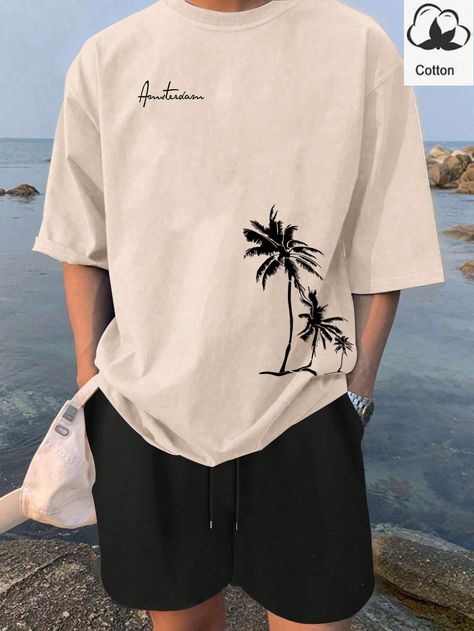 Men's Summer Palm Tree & Letter Print Short Sleeve Casual T-Shirt And Shorts 2pcs/Set Khaki Casual    Letter,Tropical,Plants  Slight Stretch Summer Men Clothing, size features are:Bust: ,Length: ,Sleeve Length: Mexico Fits Men, Outdoor Shirt Designs, Men’s Style Graphic Tees, Summer Fits For Guys, Men Outfit Ideas Summer, Men’s Graphic Tees, Men’s Shirts, Men Graphic Tees Street Style, Surfer Fits