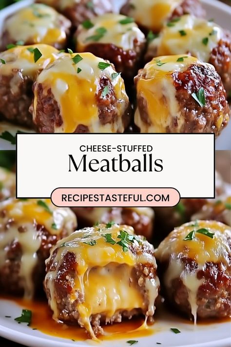 Indulge in these delicious cheese-stuffed meatballs filled with gooey mozzarella and topped with melted cheddar. Perfect for a hearty appetizer, main dish, or a tasty addition to a meatball sub. Meat And Cheese Snack Ideas, Appetizer Recipes Meatballs, Mozzarella Balls Appetizers, Meat Appetizer Recipes, Ground Beef Appetizers, Cheese Filled Meatballs, Hearty Appetizer, Chedder Cheese, Beef Appetizers