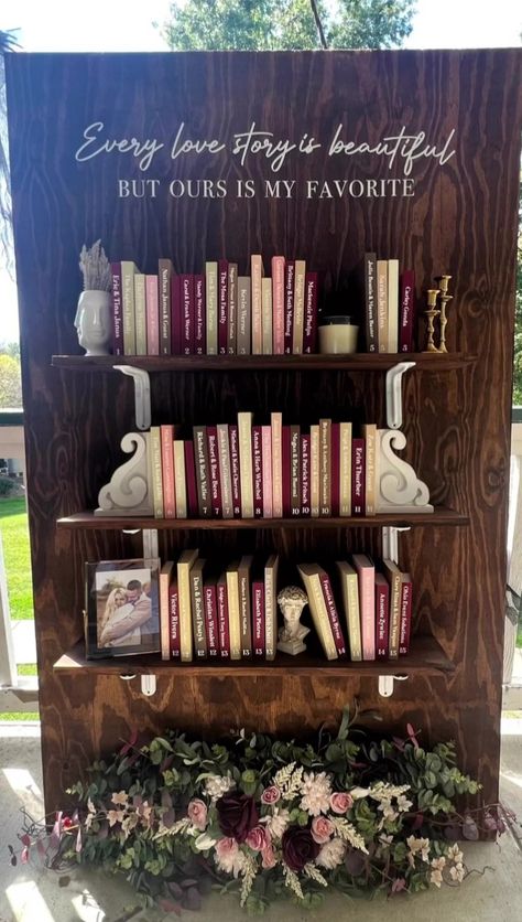 Book Quotes Wedding Decor, Wedding Bookcase Decoration, Wedding Seating Chart Using Books, Book Wall Seating Chart, Library Wedding Seating Chart, Incorporating Books In Wedding, Book Nerd Wedding Ideas, Vintage Books Wedding Decor, Books As Wedding Favors