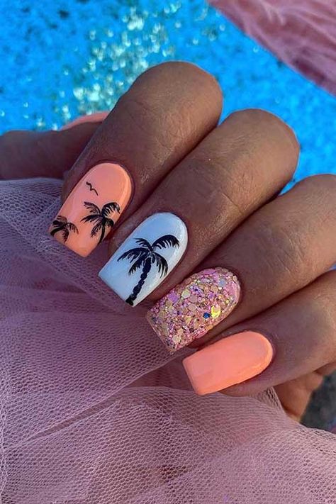 Cruise Nails, Beach Nail Art, Beach Nail Designs, Palm Tree Nails, Beachy Nails, Tropical Nails, Tree Nails, Fall Gel Nails, Summery Nails