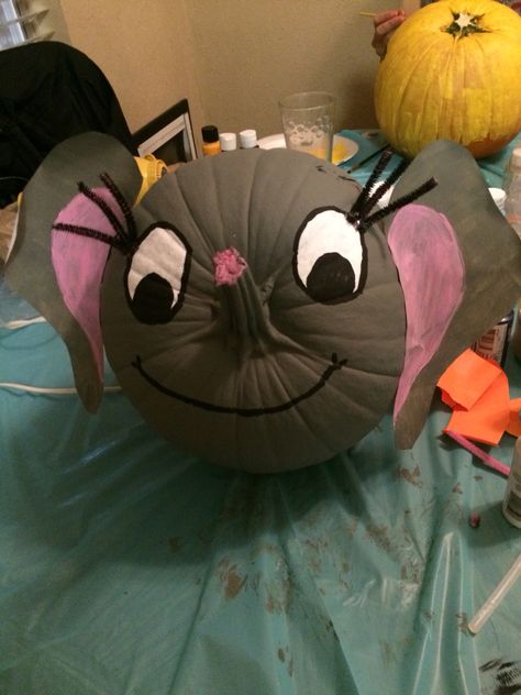 Elephant Pumpkin painting! Pumpkin Painting Ideas Book Theme, Elephant Pumpkin Painting, Elephant Toothpaste Pumpkin, Elephant And Piggy Pumpkin, Pumpkin Painting From Books, Elephant Pumpkin, Creative Pumpkin Decorating, Pumpkin Books, Pumpkin Decorating Contest