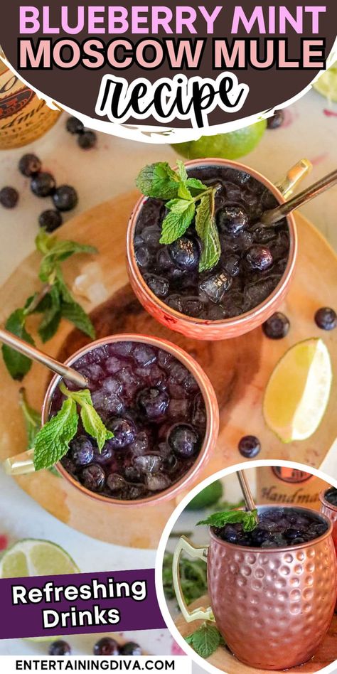 Refreshing Blueberry Mint Moscow Mule Recipe | Summer Cocktail Recipes Blueberry Mule, Blueberry Moscow Mule, Blueberry Mocktail, Blueberry Drink, Blueberry Drinks, Blueberry Simple Syrup, Blueberry Cocktail, Blueberry Vodka, Mint Drink