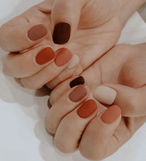 Terra Cotta Nail Color, Multi Colored Neutral Nails, Nail Inspiration September, Multi Colored Nails Fall Neutral, Brick Color Nails, Multicolored Fall Nails, Boho Nail Colors, Simple Fall Gel Nails Short, November Nail Ideas Short Simple