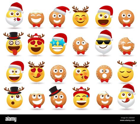 Diese Stock-Vektorgrafik herunterladen: Weihnachts-Smileys-Zeichen-Vektor-Set. Weihnachtszeichentrickfigur wie weihnachtsmann, Ingwerbrot und Smiley in verschiedenen Gesichtsausdruck. - 2GE603F aus der Alamy-Bibliothek mit Millionen von Stockfotos, Illustrationen und Vektorgrafiken in hoher Auflösung herunterladen. New Emoticons, Spagetti Carbonara, Smiley Sticker, Smiley Emoji, Smiley, Advent, Christmas, Pins, Quick Saves