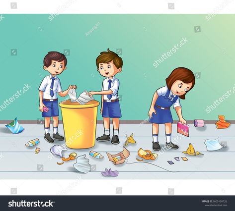 Class Illustration, Picture Story Writing, Student Cleaning, Picture Story For Kids, School Wall Art Ideas, Kids Bulletin Boards, Clean Classroom, Illustration Children, Earth Drawings