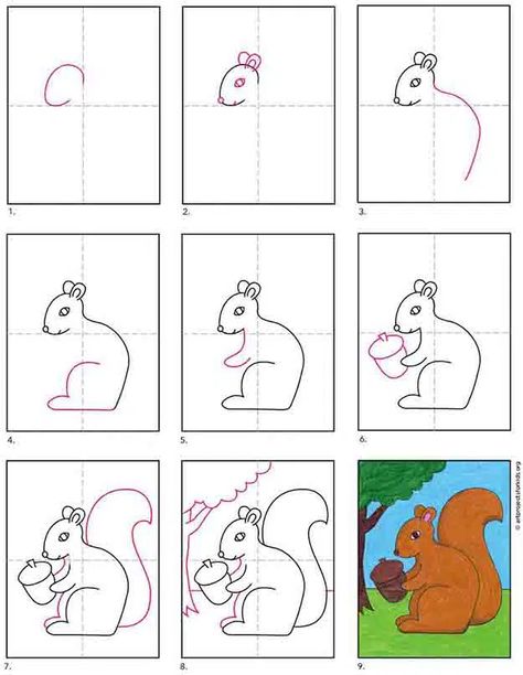 Cartoon Squirrel Drawing, Pictures Drawing Easy, Draw A Squirrel, Directed Drawing Kindergarten, Squirrel Drawing, Squirrel Coloring Page, Easy Scenery Drawing, Squirrel Pictures, Squirrel Art