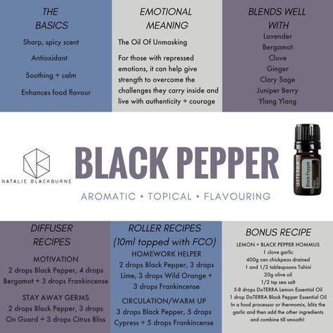 Essential Oil Chart, Black Pepper Essential Oil, Doterra Diffuser Blends, Diy Essential Oil Recipes, Doterra Essential Oils Recipes, Essential Oil Diffuser Blends Recipes, Oil Remedies, Essential Oil Roller Bottle, Essential Oil Benefits