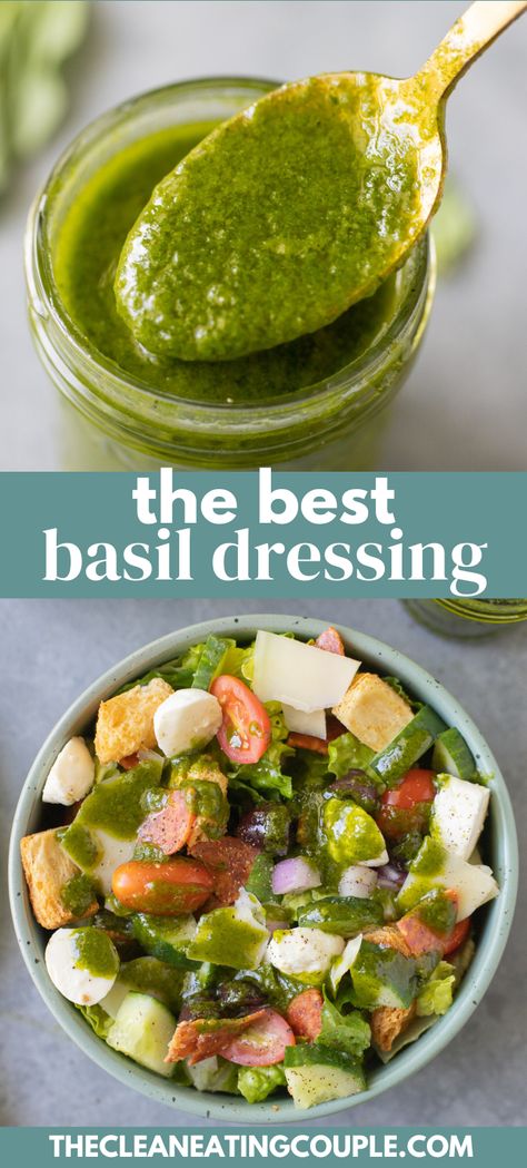 The Best Basil Vinaigrette Recipe! This easy Basil Salad Dressing can be made in under 5 minutes with only 5 ingredients. So delicious! Sweet Basil Vinaigrette Dressing, Basil Recipes Salad, Basil Vinegrette Salad Dressing, Sweet Basil Dressing, Salads With Fresh Basil, Basil Salad Dressing Recipes, Basil Balsamic Vinaigrette, Vinegrette Salad Dressing, Basil Dressing Recipe