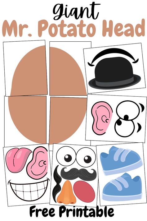 Giant Mr. Potato Head free printable to add to your teaching aids. For use in Primary singing time, preschool, your classroom, for family night, and beyond. 

#mrpotatohead #teachingaid #teachingprops #primaryactivity #singingtimegame #freeprintables #musictime #singingtimevisuals #ldsprimary #gamenight #familynight #game #activity Mr Potato Head Free Printable, One Potato Two Potato Song, Mr Potato Head Activities, Potato Crafts For Kids, Mr Potato Head Craft, Primary Singing Time Games, Potato Head Craft, Me Potato Head, Potato Activities