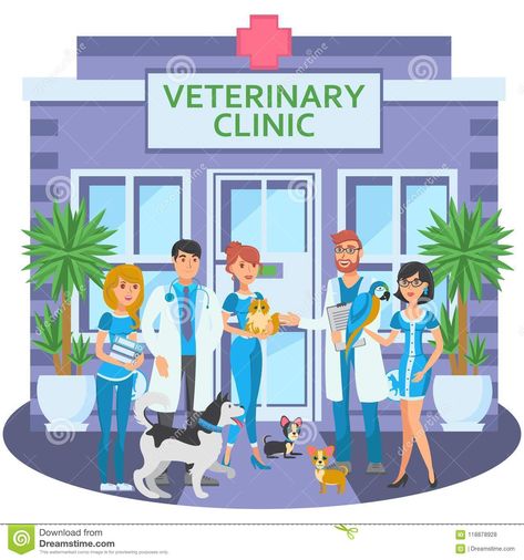 Cartoon group of joyful veterinarians with pets. Hospital Illustration, Cartoons Group, Pet Hospital, Veterinary Services, Pet Clinic, Vet Clinics, Veterinary Clinic, Health And Happiness, All About Animals