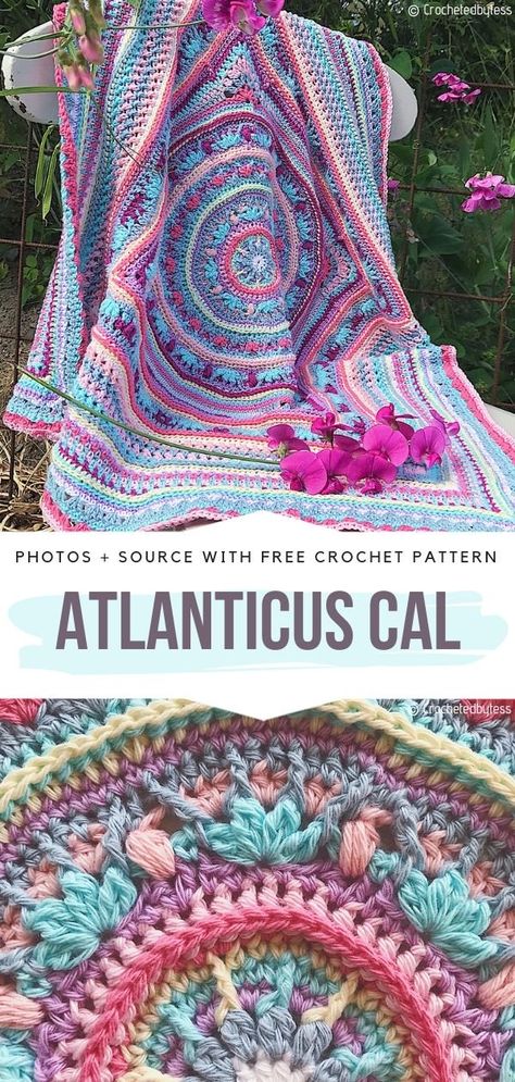 Crochet Blanket With Different Stitches, Crochet Afghan Patterns Free Throw Blankets Stitches, Mandala Poncho Crochet Pattern, Mandala Granny Square Crochet Pattern, Mandala Crochet Pattern Blanket, Tuscany Crochet Pattern, Mandala Throw Crochet Free Pattern, Crochet Afghan In The Round, Whatchamacallit Crochet