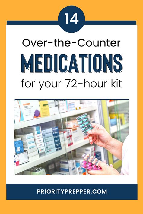 Nobody likes to get sick… but getting sick while dealing with a disaster is EXTRA awful. It’s smart to be prepared with some over-the-counter medication in your 72-hour kit. It’s impossible to plan for every possible illness, but you can try to cover the common ones — minor aches and pains, colds, allergies, diarrhea, fever, etc. Here's a checklist of OTC medication to put in your 72-hour kit or bug out bag. Basic Medicine Checklist, Sick Kit, Emergency Bags, Tactical Medic, Survival Skills Emergency Preparedness, Emergency Essentials, 72 Hour Kits, Bush Craft, Emergency Survival Kit