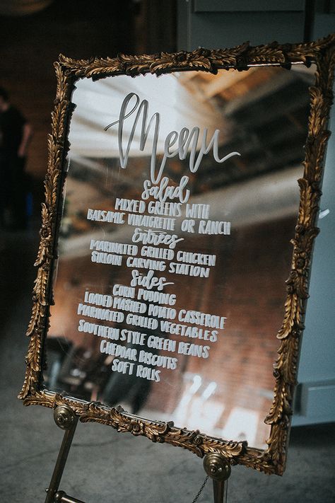 Wedding Menu on Mirror | photo by Kelsey Shea Photography | The Pink Bride® www.thepinkbride.com Menu On Mirror, Mirror Menu Board, Wedding Menu On Mirror, Mirror Menu Board Wedding, Boujee Wedding, Bar Menu Mirror, Gold Mirror Wedding Sign Seating Charts, Gold Mirror Wedding Sign Writing, Bad And Boujee