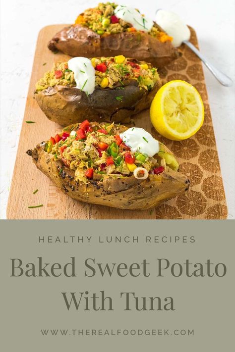 Sweet Potato Jacket Fillings, Healthy Jacket Potato Fillings, Tuna Stuffed Potatoes, Tuna Sweet Potato, Sweet Potato Tuna Patties, Tuna Jacket Potato, Jacket Potato Recipe, Healthy Potato Recipes, Cooking Sweet Potatoes