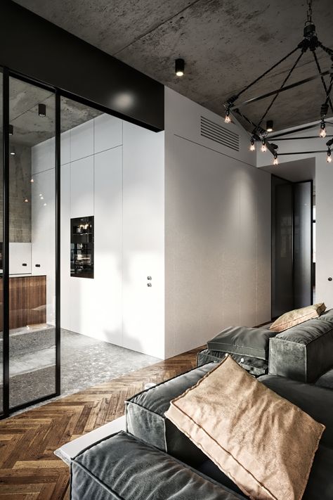 Concrete Apartment, Oradea Romania, Modern Apartment Living Room, Loft Interior Design, Loft Interiors, Modern Loft, Cool Apartments, Industrial House, Architect Design