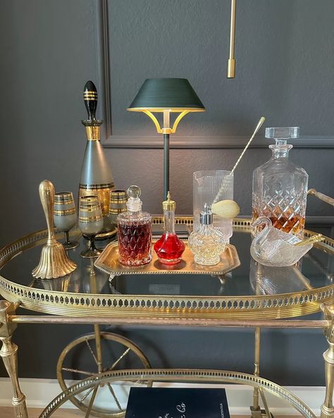 Bar cart styling including this wireless lamp and all the fancy little things for cocktail hour ☺️🍸 My tall decanter set, swan, tray, bar cart and bell are vintage! Perfect Bar Cart, Shelf Bar, Entertaining Tablescapes, Bar Serving Cart, Modern Bar Cart, Metal Bar Cart, Gold Bar Cart, Glass Bar Cart, Vintage Bar Carts