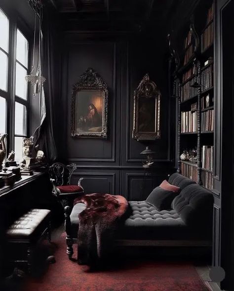 47 Sophisticated Gothic Home Decor Ideas - Shelterness Gothic Home Library, Goth Living Room Ideas, Gothic Living Room Ideas, Gothic Living Rooms, Goth Living Room, Gothic Home Decor Ideas, Dark Academia Interior, Gothic Interior Design, Dark Boho Living Room