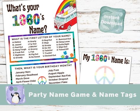 View Decade Themed Games by IceBreakerPrintables on Etsy 60s Birthday Party, Space Birthday Party Games, Hippy Party, Winter Party Games, Xmas Party Games, Hippie Names, 1960s Party, Groovy Party, Snowman Party