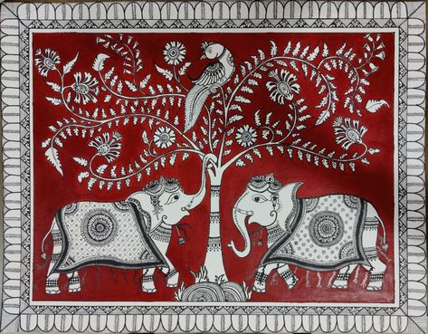 Kalamkari Painting Easy, Kalamkari Elephant, Kalamkari Art, Worli Painting, Indian Traditional Paintings, Paintings On Paper, Pen Work, Bengali Art, Contemporary Folk Art