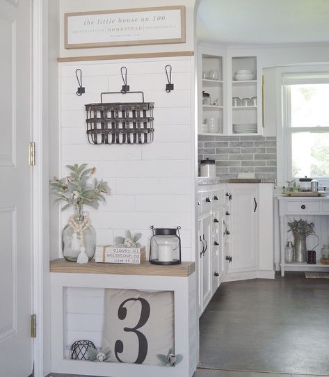 The entryway peeking into the kitchen- it’s come a long way! Front Entry Into Kitchen, Back Door Entry Ideas Into Kitchen, Entryway Into Kitchen, Entry Into Kitchen, Garage Entryway, Foyer Ideas Entryway, Farmhouse Rustic Kitchen, Front Foyer, Entry Mudroom