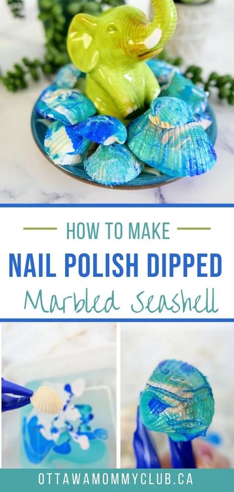 Nail Polish Marbling Crafts, Hydrodipping Diy, Nail Polish Crafts Diy, Nail Polish Marbling, Seashell Nails, Nail Polish Painting, Seashell Decor, Diy Beach Decor, Nail Polish Crafts