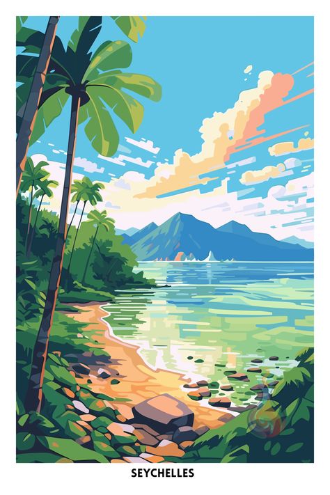 Beach And Palm Trees, Mediterranean Paintings, Vector Painting, Wild Travel, Seychelles Beach, Cards Poster, Vertical Art, Wedding Watercolor, Paris Wallpaper