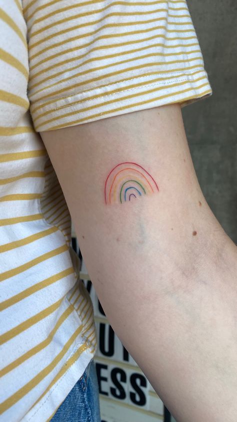 Pride Line Art, Fine Line Colour Tattoo, Subtle Rainbow Tattoo, Colored Fine Line Tattoo, Line Rainbow Tattoo, Rainbow Line Tattoo, Subtle Queer Tattoos, Fine Line Rainbow Tattoo, Subtle Gay Tattoo