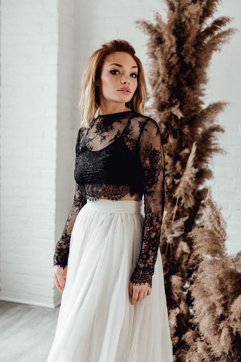 Crop Top Wedding Dress, Combination Dresses, Black Lace Crop Top, Sweet Caroline, Long Sleeve Wedding Dress Lace, Designer Outfits, Etsy Wedding Dress, Jewel Neckline, Black Wedding Dresses