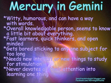 Mercury in Gemini. #Zodiac #Astrology For related posts, please check out my FB page: https://www.facebook.com/TheZodiacZone Mercury In Gemini, Gemini Mercury, Gemini Moon Sign, Mercury Gemini, Gemini Stuff, Mercury Sign, Expression Number, Gemini Life, Astrology Planets