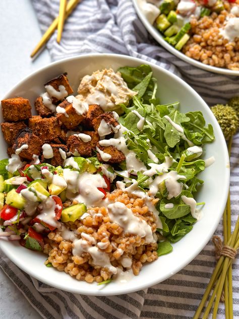 Mediterranean Tofu Bowl, Breakfast Apps, Tofu Shawarma, Shawarma Bowl, Gluten Free Couscous, Nourish Bowls, Lemon Hummus, Veggie Mains, Lemon Tahini Sauce