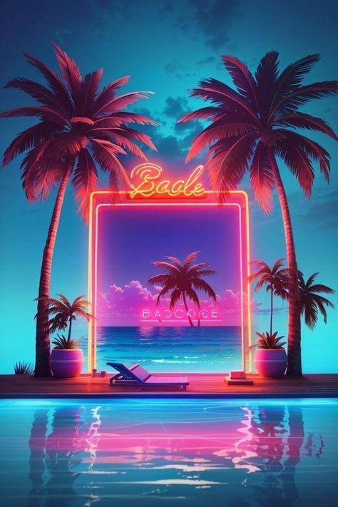 Neon Tropical Aesthetic, Retro Neon Wallpaper, Tropical Paradise Aesthetic, Paradise Illustration, Neon Pool Parties, Miami Beach Party, Gold Graphic Design, Wave Aesthetic, Pool Parties Flyer