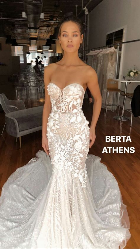 Strapless Wedding Dress Mermaid Bling, Mermaid Wedding Dress Corset Top, Strapless Corset Mermaid Wedding Dress, Berta Privee Wedding Dress, Corset Mermaid Wedding Dress, Plain Wedding Dress, Berta Bridal, Long Train Wedding Dress, Lace Gown Styles