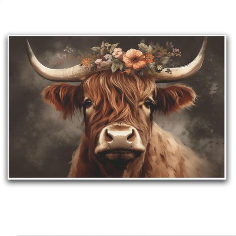 PRICES MAY VARY. Give your home a boho farmhouse vibe with stunning Coastal Boho Farmhouse Highland Cow Flower Canvas Wall Art. Featuring a rustic country landscape with a longhorn animal, this floral artwork poster adds a touch of nature to your living room, bedroom, or kitchen decor. Perfect for farmhouse and Highland Cow enthusiasts, this wall art piece beautifully captures the essence of country living. Effortlessly elevate your home decor with this visually stunning and charming Highland Co Cow Paintings On Canvas, Chic Artwork, Highland Cow Painting, Cow Nursery, Stil Rustic, Highland Cow Print, Flower Canvas Wall Art, Cow Decor, Country Landscape